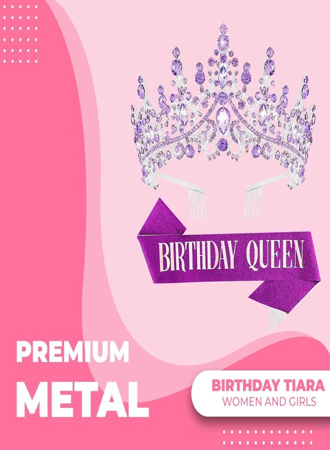 Papoopy Birthday Tiara Crown with Sash for Women, Headband Hair Accessories for Wedding Party Costume (A-Purple) - Image 2